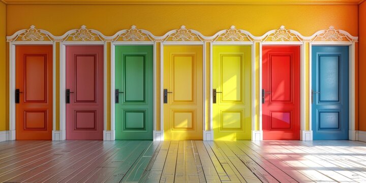 Colorful Doors. Indoor Room with a Variety of Colorful Doors Symbolizing Choice and Opportunity