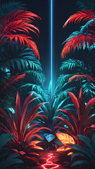 Neon tropical wallpaper with plants and leaves at night Futuristic laser light and copy space