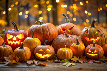 Fototapeta premium Halloween party pumpkins with a fall forest backdrop. Focus concept