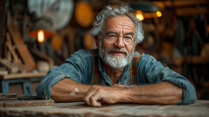 Obraz premium Middle-Aged Man in Workshop Working with Wood