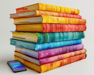 Modern Education Concept: Colorful Textbooks Stack and Digital Tablet on White Background