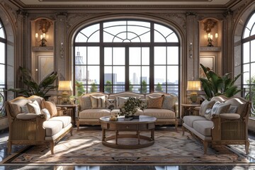 Fototapeta premium Grand luxurious living room with chandeliers and ornate decor, creating a sophisticated and elegant indoor space perfect for formal gatherings.
