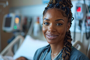 Smiling Female Nurse in Hospital Caring for Patient