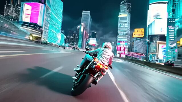 girl with silver hair rides a motorcycle wildly in the city of night with neon lights