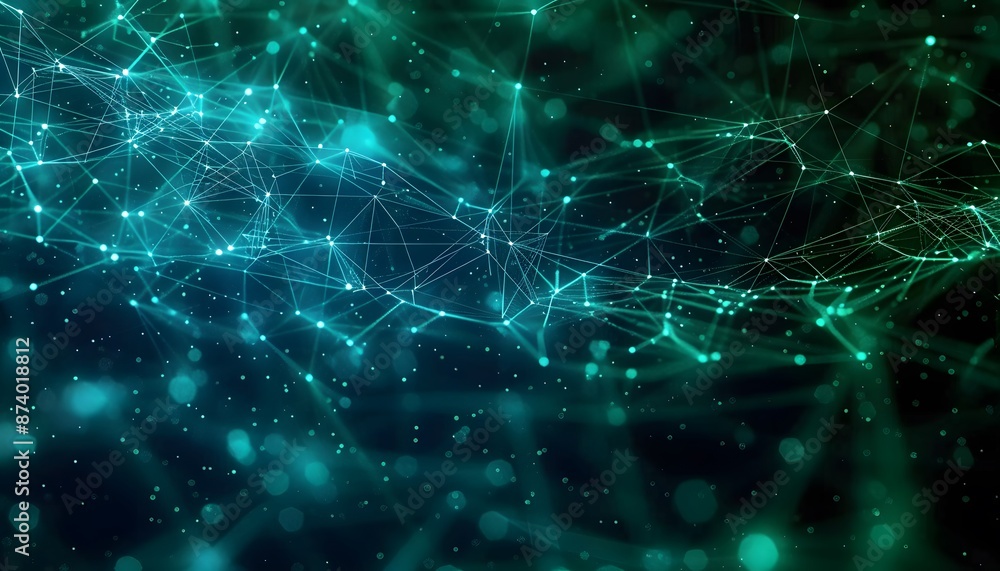 Poster abstract blue green technology background with a cyber network grid and connected particles. artific