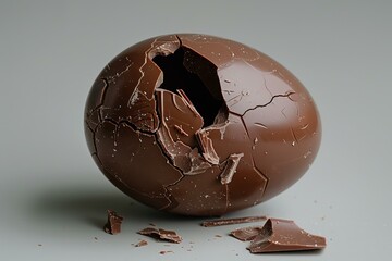 Cracked open chocolate easter egg with pieces scattered, isolated on a simple gray backdrop