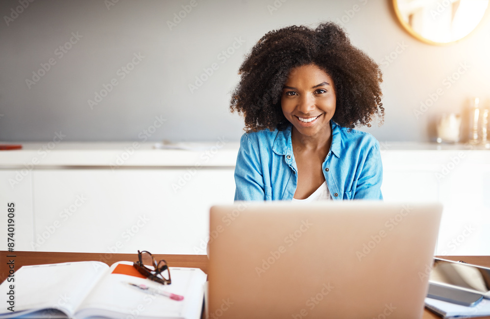 Poster student, happy and home or portrait on laptop, online assignment submission for university and apart