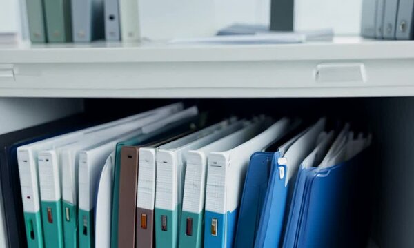 A filing cabinet with a wide open drawer full of documents. All binders are carefully arranged.	
