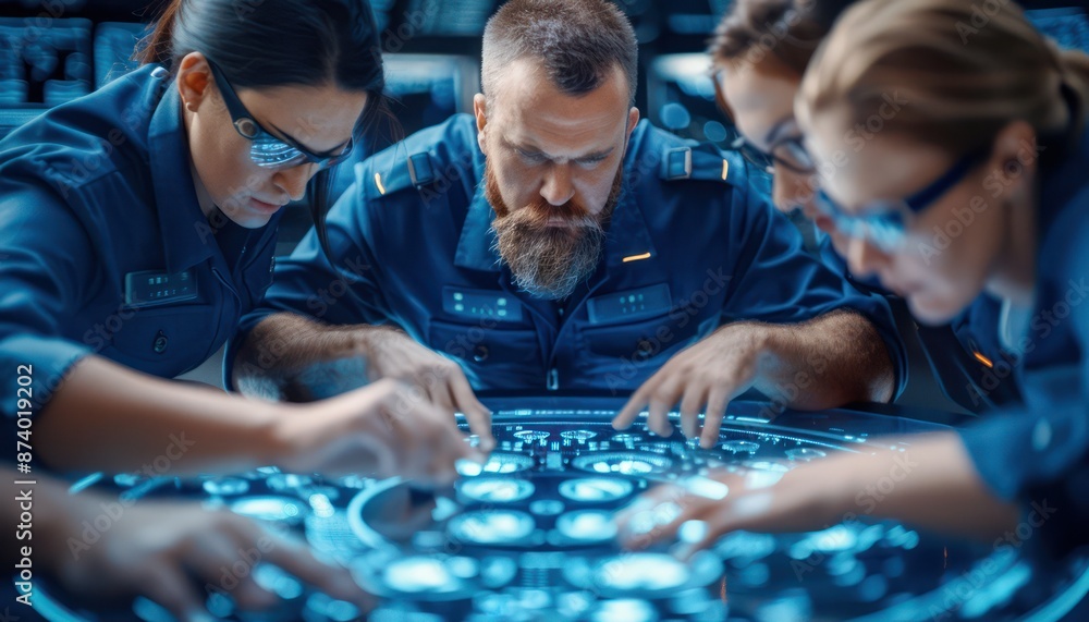Poster enterprise engineers collaborating on complex integrations, innovative teamwork for seamless system 