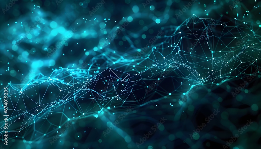Poster abstract blue green technology background with a cyber network grid and connected particles. artific