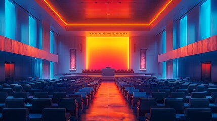 Naklejka premium A 3D isometric illustration of a school assembly hall, featuring a large stage with a podium, rows of seats filled with students, and teachers in the front row.