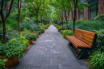 Brick Path Through A City Park With Wooden Benches