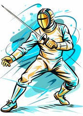 Obraz premium Fencing Athlete in Combat: Dynamic Thrust and Parry, perfect for sports magazines, fencing club promotions, training materials, or articles about precision and strategy in sports.