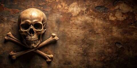 Fototapeta premium Halloween Skull and Crossbones on Weathered Background with Rustic Textures. Background with skull, Good for Halloween or pirate theme with copy space for text