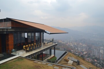 Modern hilltop house with large glass windows and a panoramic city view, creating a luxurious and serene atmosphere.