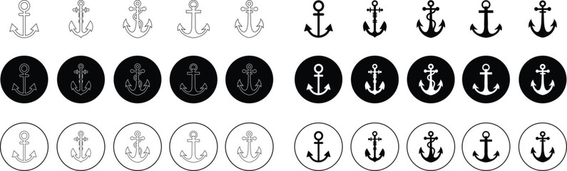 Anchor Line, flat icons Set. Ship Anchor vectors. Nautical maritime sea ocean boats illustration symbols. Marine retro emblem logos with anchor and rope, logos inspiration on transparent background.