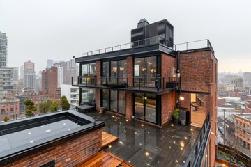 Obraz premium Modern urban rooftop with wooden deck and panoramic city view, creating a stylish and inviting atmosphere.