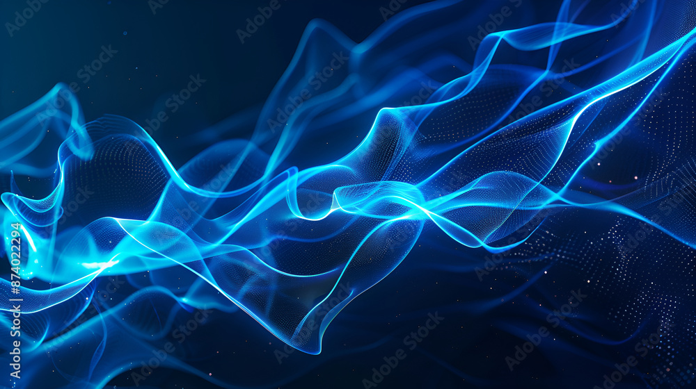 Poster light neon blue smoke color on dark background,abstract wave with moving dots and lines. flow of par