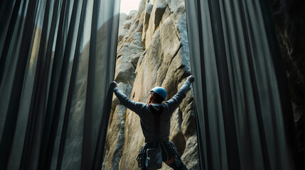 Fototapeta premium A rock climber opens the curtains behind which is a sheer cliff. Discovering new horizons in extreme sports.