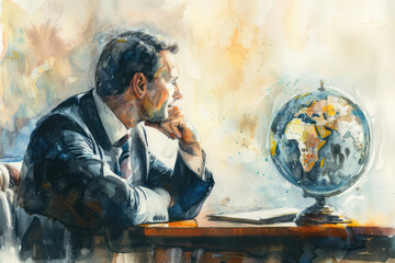 thoughtful man in suit sitting at desk , in style of an aquarelle