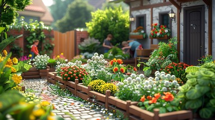 Obraz premium A detailed 3D isometric view of a school garden, showcasing students working in various garden beds, planting and watering flowers and vegetables. The garden is filled with vibrant plants, flowers,