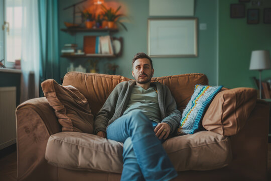 young man sitting on sofa and looking depressed
