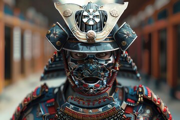 Close-up portrait of a Samurai warrior wearing traditional armor and helmet.
