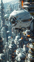Futuristic city with flying drone, futuristic architecture, technology, science fiction, city scape, drone, spaceship, sky, white, urban