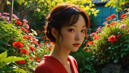 Naklejka premium Woman in red dress in a garden.