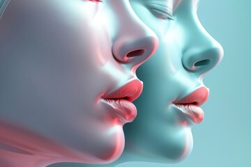 Close-up of two female faces with closed eyes, minimal makeup, soft lighting, blue and pink tones.