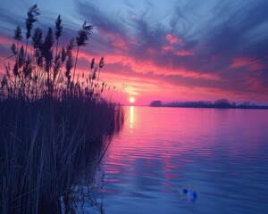 Tranquil Sunset on Riverbank with Tall Grasses and Sky Reflection