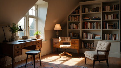 reading room interior of modern apartment with book self