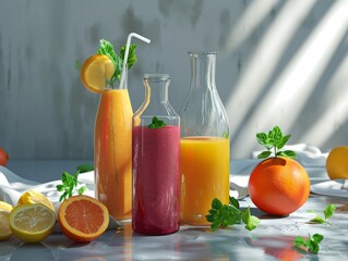 Fototapeta premium Glasses of freshly squeezed fruit juice surrounded by a variety of fruits and vegetables.