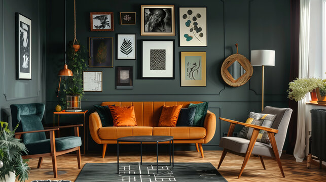 A modern living room featuring a gallery wall with eclectic framed art pieces, cozy furniture, and warm lighting.