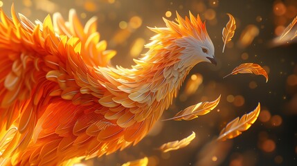 A majestic fiery phoenix with golden feathers and glowing eyes. A symbol of rebirth and hope.