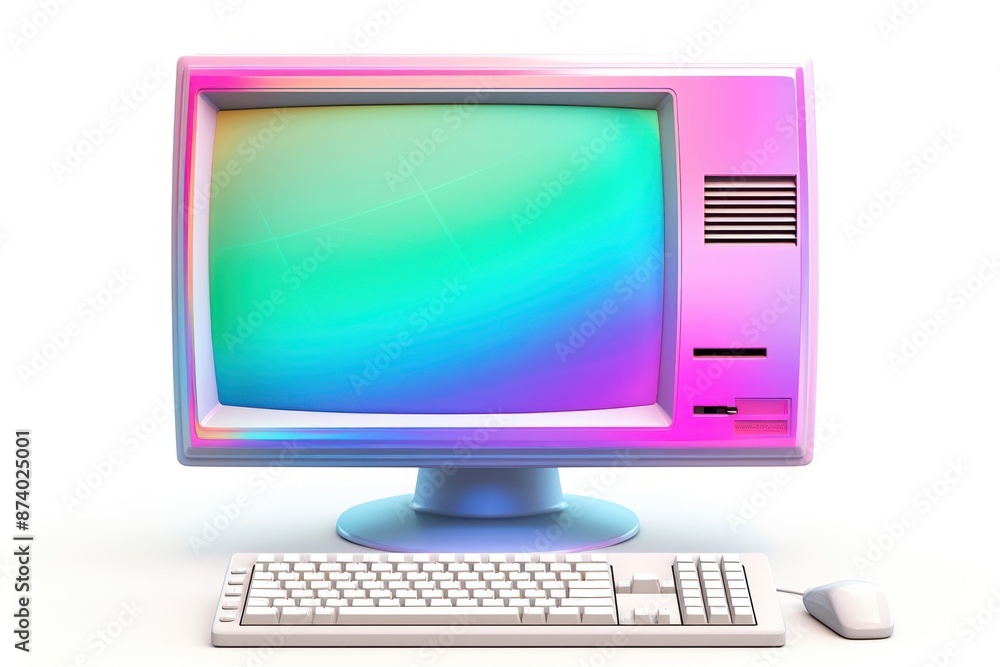 Poster retro computer iridescent screen white background electronics.