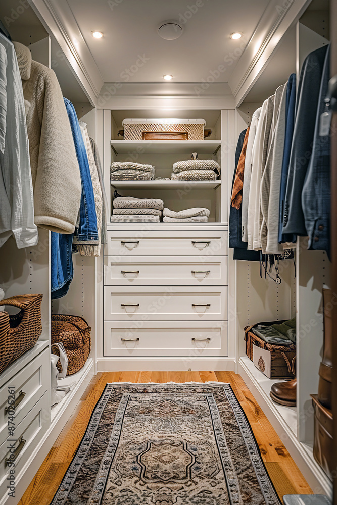 Wall mural A neatly organized walk-in wardrobe with white cabinetry, featuring shelves of folded sweaters, hanging clothes, wicker baskets, ample drawer storage, and a decorative rug on a wooden floor.