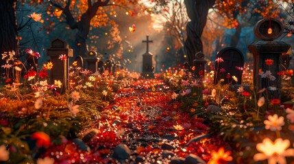 Scary cemetery scene with wooden planks in the foreground, fog and tombstones in the background, full moon shining. Ideal for Halloween or horror theme