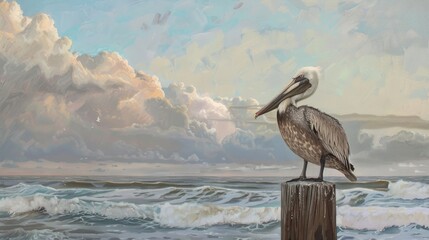 Solitary brown pelican perched on wooden post by the sea gazing at ocean and sky in early hours