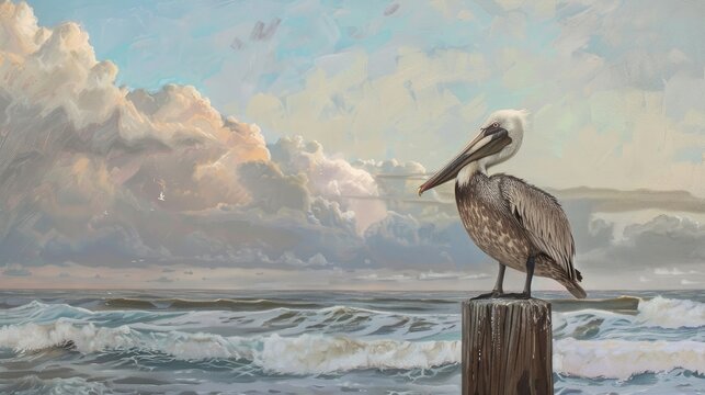 Solitary brown pelican perched on wooden post by the sea gazing at ocean and sky in early hours