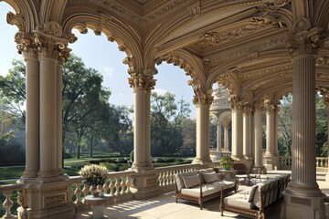 Obraz premium Luxurious patio with ornate columns and lush greenery, grand and elegant outdoor space, tranquil ambiance.