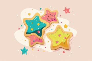 Obraz premium Colorful star-shaped cookies with icing and sprinkles on a pastel background, festive and sweet holiday treats