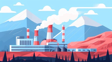 Fototapeta premium Geothermal power station, steam rising, flat design illustration