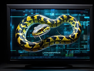 Python snake and coding numbers on a screen to represent Python computer language
