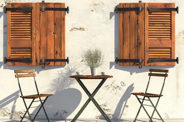 Elegant outdoor cafe with wooden shutters, round table, and metal chairs on a sunlit white wall background
