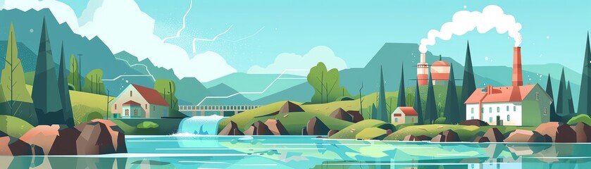 Fototapeta premium Geothermal hot springs, natural energy resource, flat design illustration