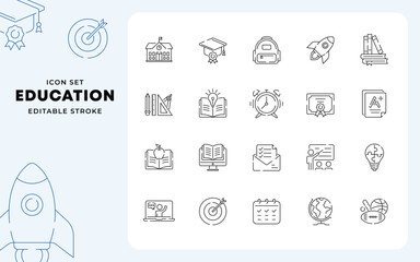 Line icons set about Education. Learning icons for web and mobile app. E-learning, video tutorial, knowledge, study, school, university, webinar, online education. Vector illustration