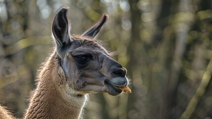 Obraz premium Llama in full height, leisurely chewing food with serene demeanor.