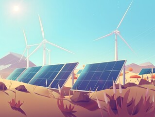 Solar panels and wind turbines in harmony, balanced renewable energy, flat design illustration