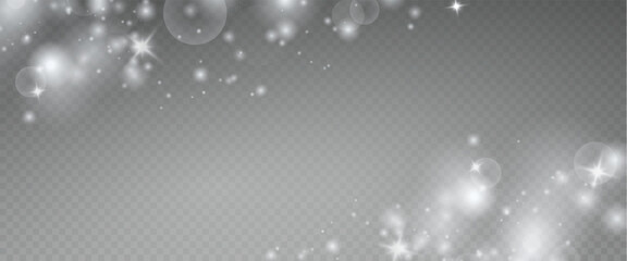 Christmas glowing bokeh confetti light and glitter texture overlay for your design. Festive sparkling white dust png. Holiday powder dust for cards, invitations, banners, advertising.